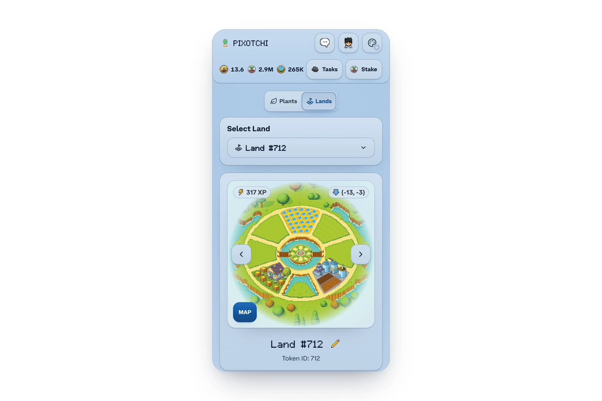 A Pixotchi land showing its village, XP and map coordinates