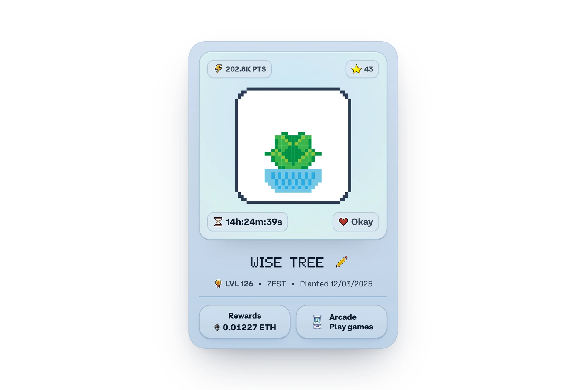 A Pixotchi plant card showing PTS, stars, the TOD countdown and mood