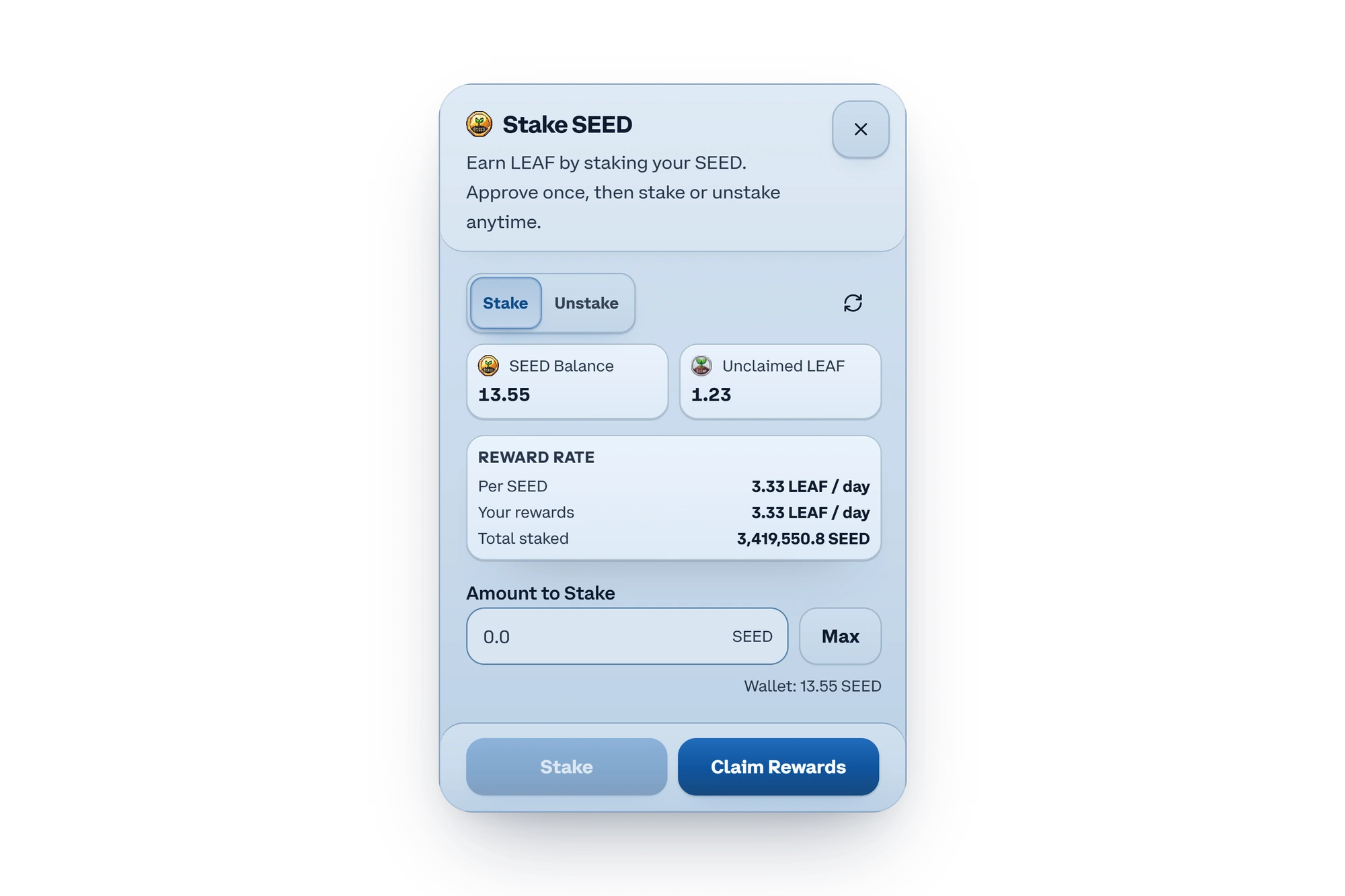 The Stake SEED dialog showing balance, reward rate and unclaimed LEAF