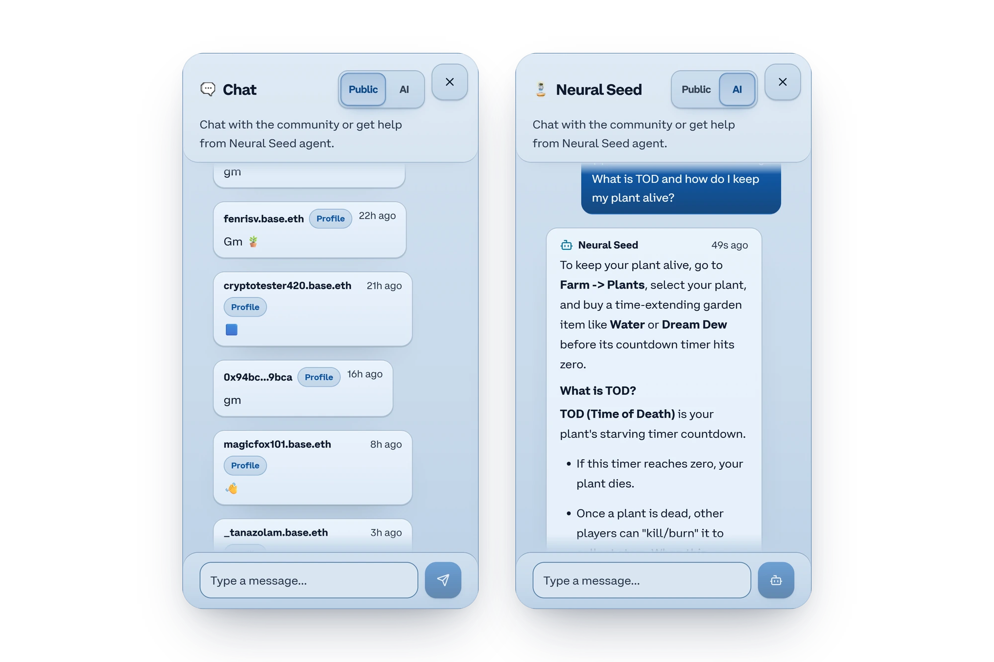 Public chat and the Neural Seed AI assistant side by side